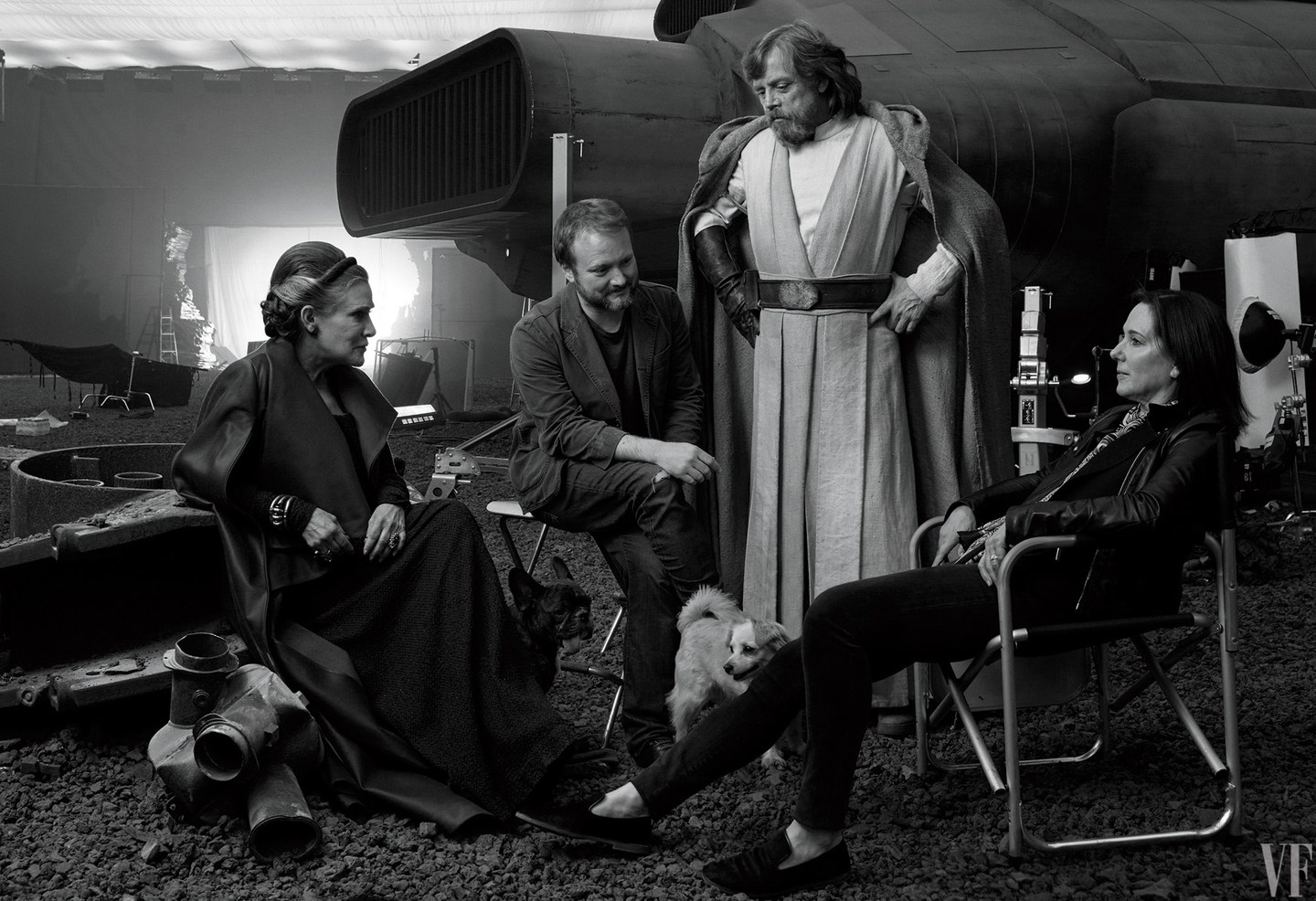 Carrie Fisher, režisér Rian Johnson, Mark Hamill a producentka Kathleen Kennedy